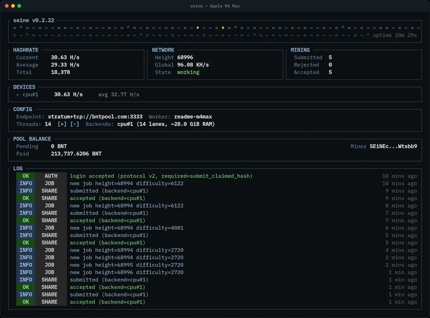 The seine dashboard mining on bntpool from an Apple M4 Max at 30.6 H/s