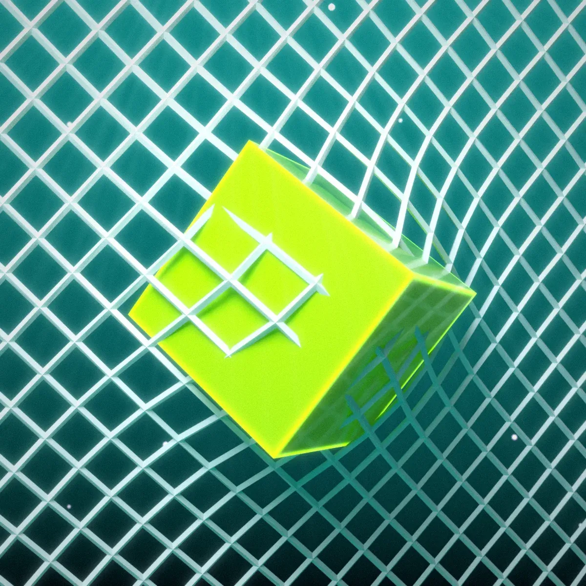 A lime block pushing through a fishing net in teal water